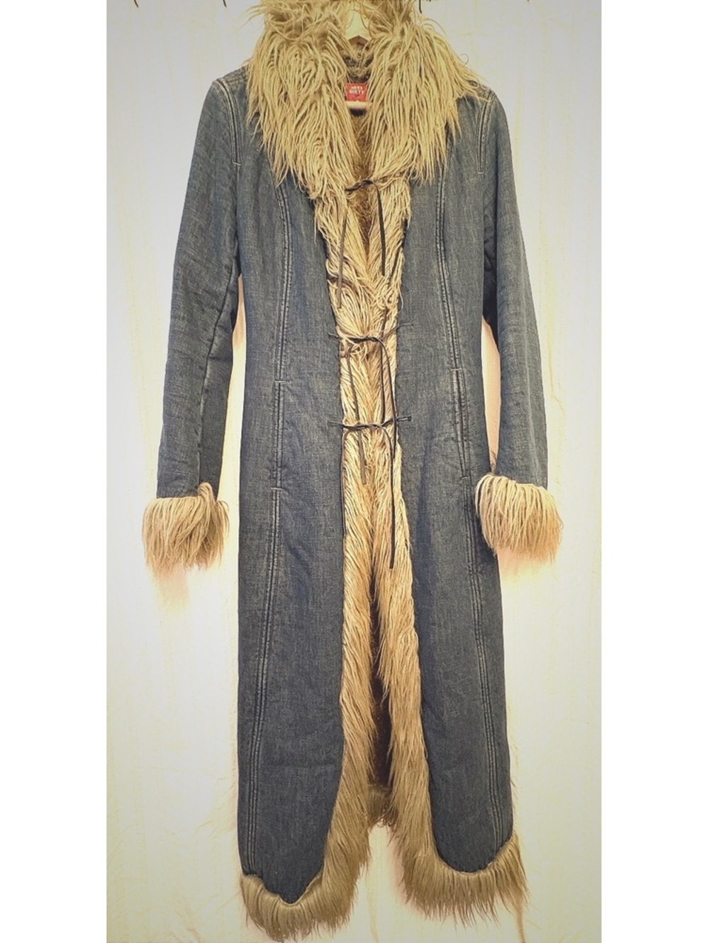 Vintage 2001 Miss Sixty Long Denim Coat with Faux Fur Trim